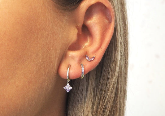 sterling silver earring set with lilac stones- silver 925 purple earrings- dainty earring set with purple stones