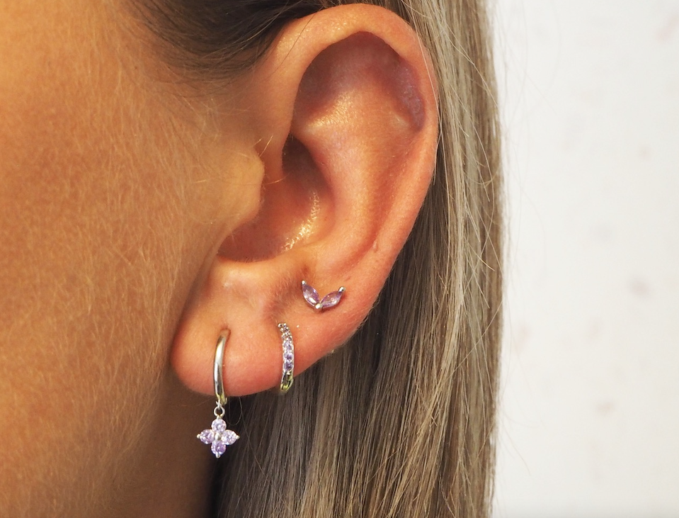 silver earring set lilac, silver ear stack idea