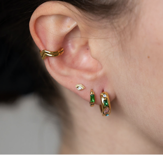 gold hypoallergenic tarnish free ear stack- emerald green tarnish free earring set