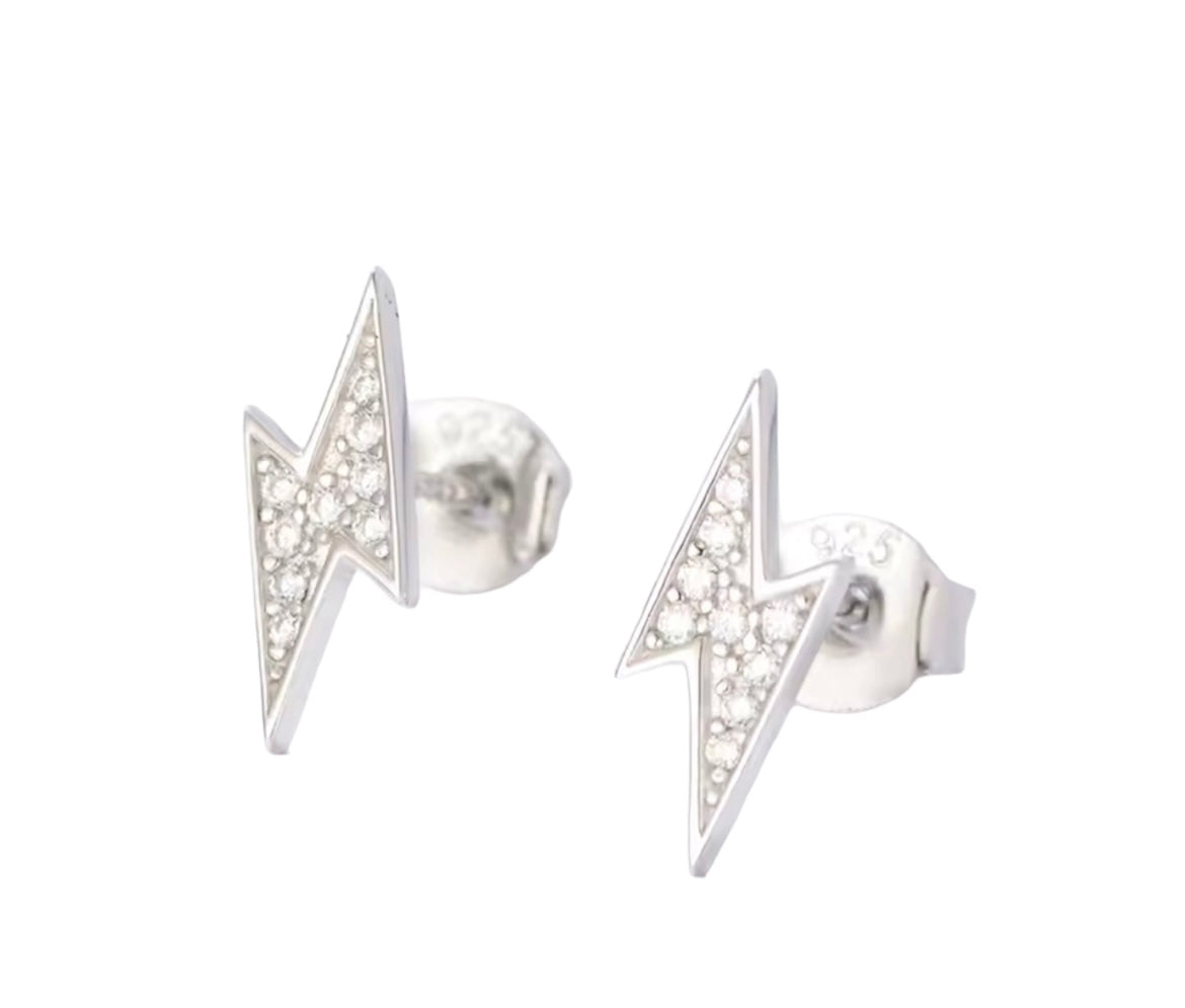 small silver earring stud with cz stones ligthing shape