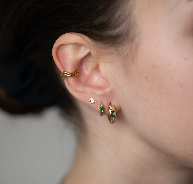 gold hypoallergenic tarnish free ear stack- emerald green tarnish free earring set